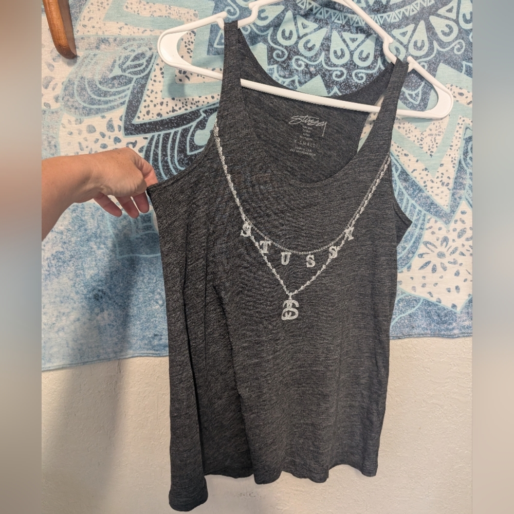 Stussy Dark Charcoal Graphic Tank Top XS Necklace Print GrunGe Skater Punk Emo